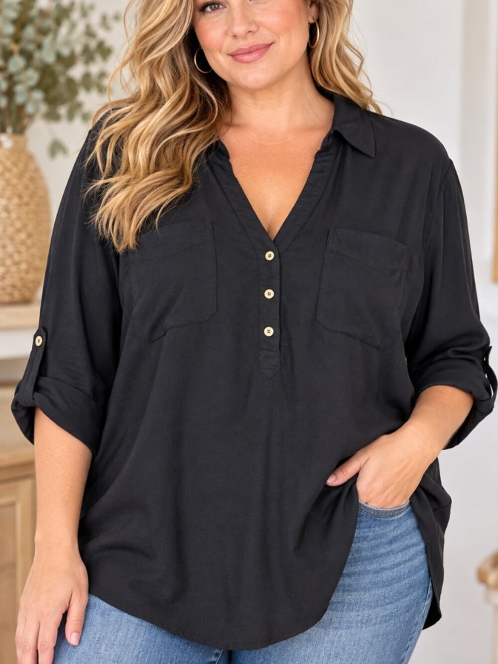 Torrid 2 18/20 Black Linen Blend Utility Safari Minimalist Tunic Blouse